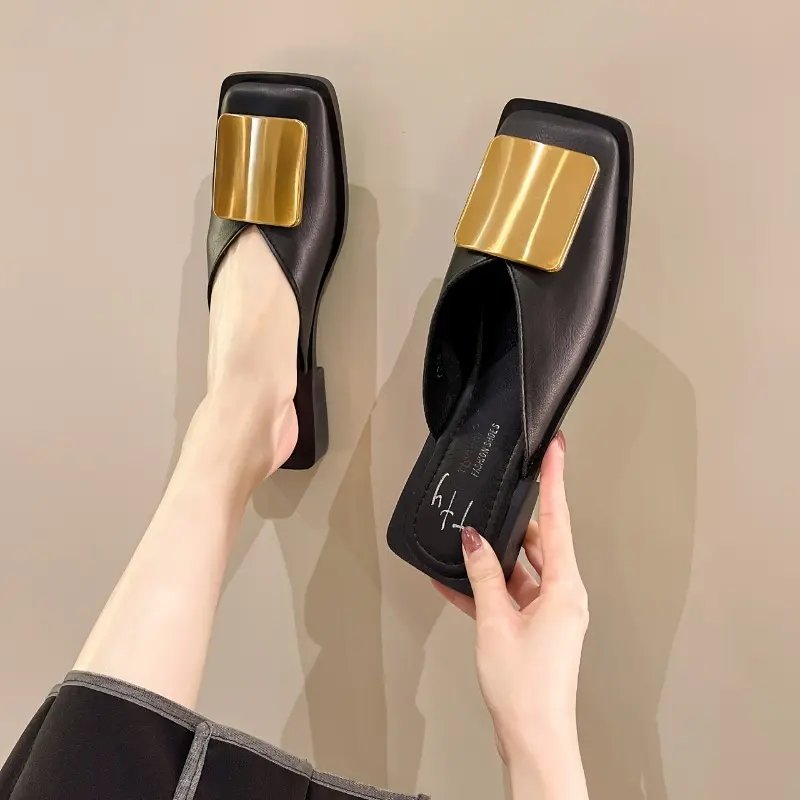 [Golden Accent Mule Shoes Square] Elegant Black Slip-On Mules with Golden Metallic Accent - Comfortable Low Heel, Square Toe Design, Faux Cover, Non-Slip Rubber Sole for All-Season Wear, Mule Shoes 2