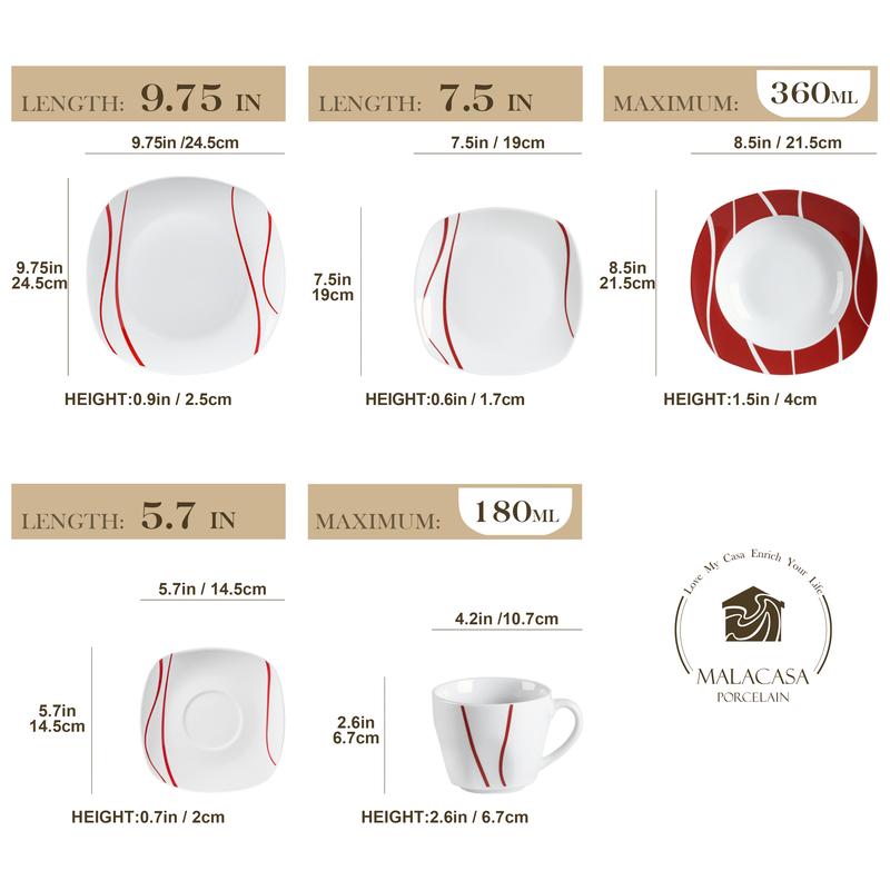 MALACASA Dinnerware Sets, 18/24/30-Piece Porcelain Square Dishes, Gray White with Red Rim, Modern Dish Set for 6 - Plates and Bowls Sets, Ideal for Dessert, Salad, and Pasta - Series FELISA 2