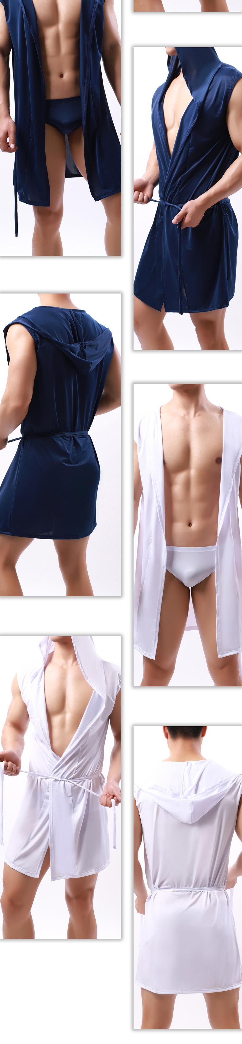 Product Introduction of European Style Men's Bathrobe Cool Milk Silky Men's Hooded Sleeveless Thin Pajama Set with Underwear 4