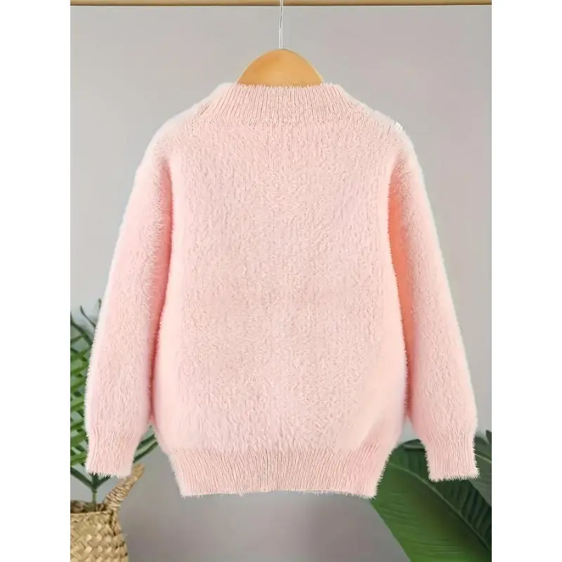 Girls' Imitation Mink Plush Sweater - High Neck Floral Print Pullover with Snowflake Design & "None So Happy’s Day" Text, Cozy Winter Knit Top for Youngsters, Hand Wash Only, Sweaters for Girls, Youngsters's Winter Wear,Soft Texture Fabric 2