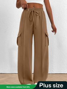【Plus Size】 Lady Solid Drawstring Waist Cargo Pants, Basic Casual Loose Fit Elastic Waist Pocket Trousers for Women, Women's Bottoms for Fall & Winter, Clothes