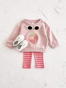 Baby Girl's Strawberry Patched Sweatshirt & Striped Pants Two-piece Set, Cute Casual Long Sleeve Pullover & Trousers for Spring & Fall, Infant Toddler Kids Clothes, Baby Clothing