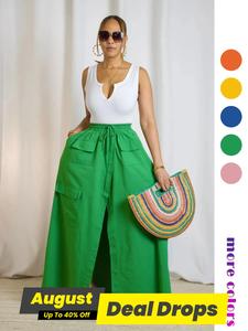 Women's Plain Drawstring High Waist  Skirt, Casual Boho Pocket Wrap Skirt for Summer, Ladies Bottoms for Beach Holiday Vacation