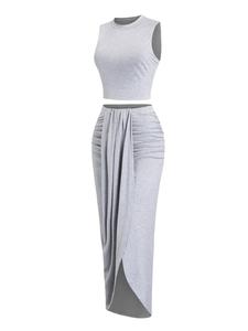 Women's Solid Crop Tank Top & Ruched Asymmetrical Hem Split Skirt Set, Casual Mock Neck Sleeveless Top & High Waist Wrap Skirt,, Cute Summer Outfit