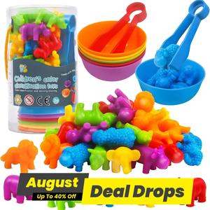 Counting Animal Toys Matching Game with Sorting Bowls, Preschool Learning Activities, Montessori Sensory Fine Motor Toys Set for Math Color Sorting