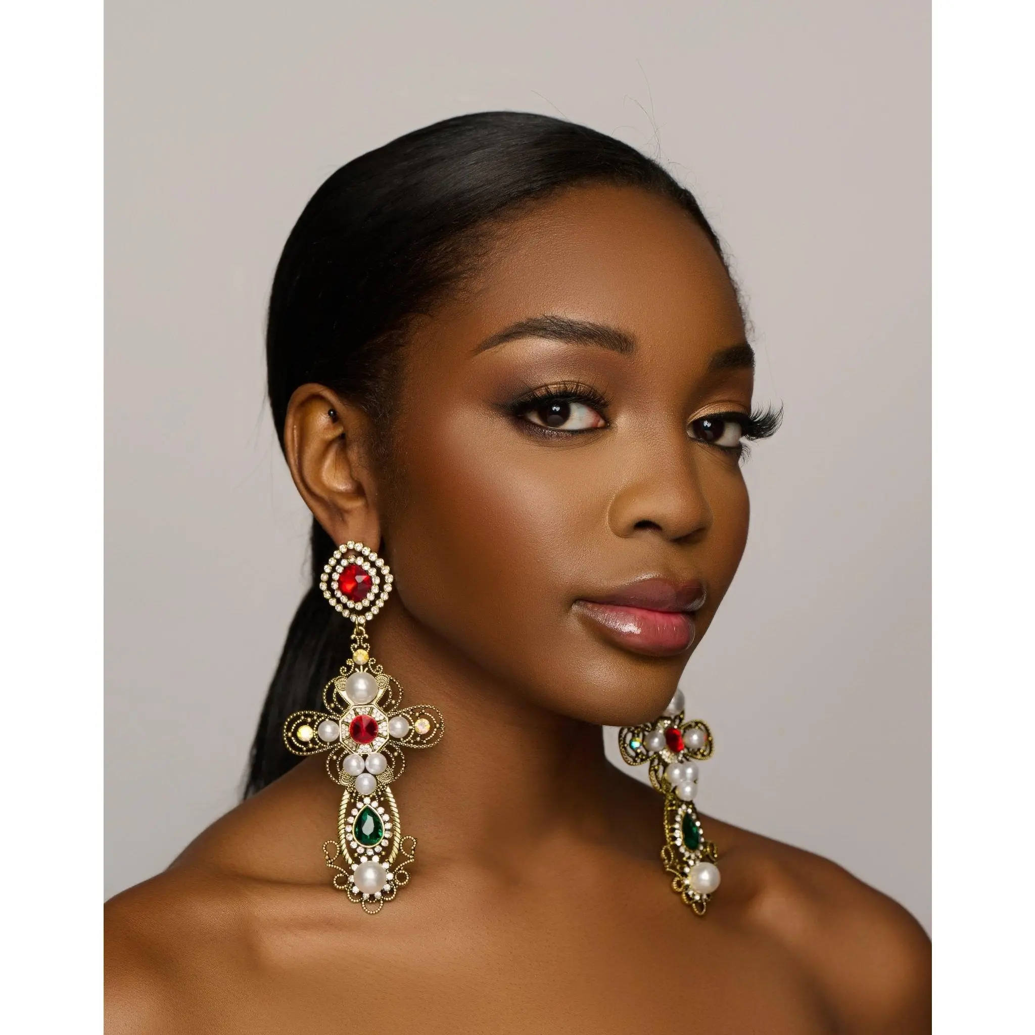 Gorgeous Cross Statement Earrings – Baroque Rhinestone Crystal Pearl Dangles