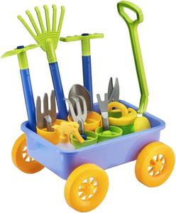 deAO Pull along Kids Wagon Wheelbarrow and Gardening Tools Play Set Includes 10 Accessories and 4 Plant Pots