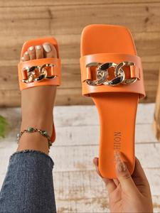 Women's Fashionable Plain Color Chain Decor Slides, Casual Comfortable Flat Sandals for Summer, Lightweight Breathable Shoes for Daily Wear