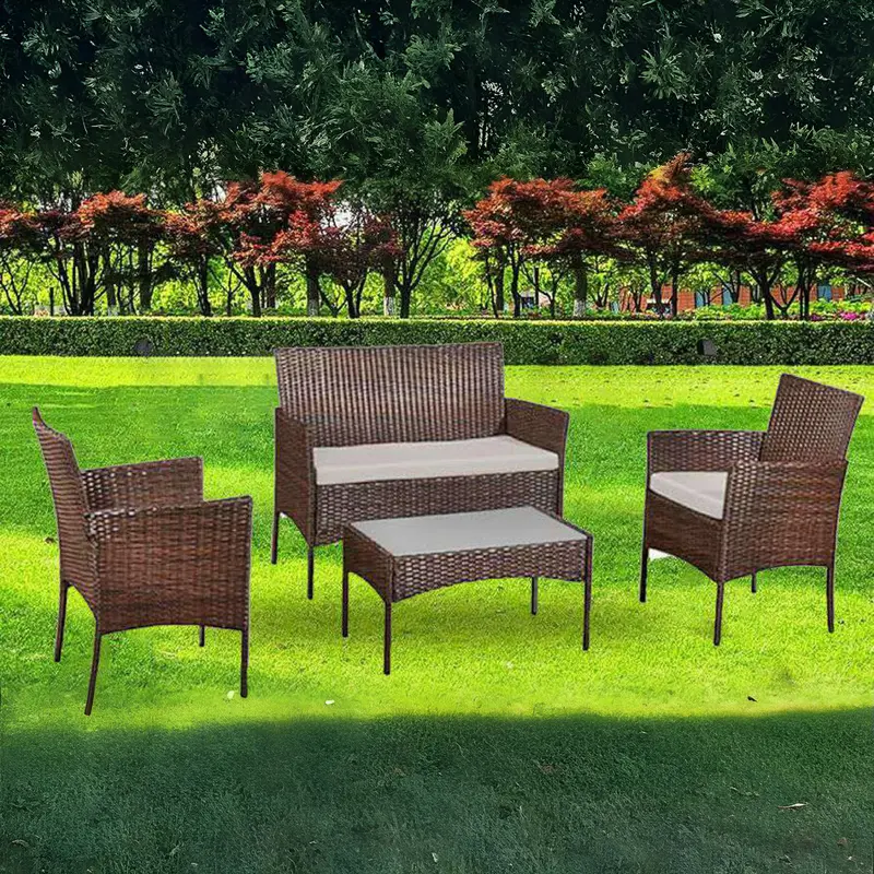 Stylish 4PC Rattan Garden Furniture Set – Includes Table, Sofa & 2 Chairs Perfect for Indoor/Outdoor Use: Patio, Balcony, Backyard, Poolside & Conservatory ️ Durable, Comfortable & Easy to Set Up – Great for Any Space! (Brown) 1