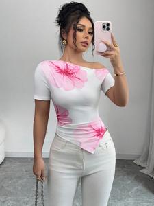 Women's Floral Print Off Shoulder Tee, Fashion Casual Crop T-shirt for Daily Holiday Vacation Outdoor Wear, Ladies Clothes for Summer, Top