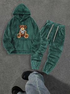 Men's Cartoon Bear Print Hoodie & Sweatpants Set, Casual Long Sleeve Hooded Sweatshirt & Jogger Pants, Two-piece Outfits for Fall & Winter