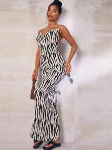 Women's Zebra Stripe Print Backless Cami Dress, Adjustable Strap Cowl Neck Maxi Dress for Beach Holiday Vacation, Ladies Clothes for All Seasons