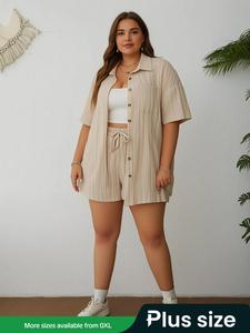 【Plus Size】 Solid Color Ribbed Button Front Shirt & Baggy Shorts Two-piece Set, Casual Short Sleeve Collared Top & Shorts, Women's Summer Clothes, Summer 2 Piece Set, Co-ord Sets for Women, Casual Matching Set, Womenswear