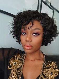 13*4*1 T Part Lace Front Pixie Cut Wigs, Brazilian Curly Human Hair Lace Front Wigs, Natural Black Short Pixie Curly Wigs for Women