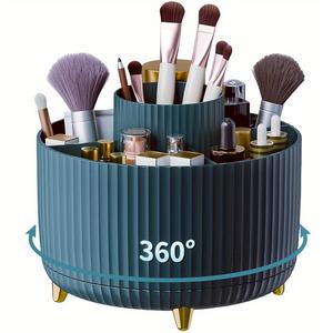 360° Rotating Makeup Organizer - 1pc Plastic Cosmetic Storage with 5 Compartments - Multi-Functional Holder for Brushes, Lipsticks, Skin Care Products, and Stationery - Durable Unscented Desk Caddy with Luxury Stripe Design Boxes Black