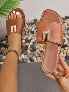 Women's Fashionable Brown Color Open Toe Slides, Casual Comfortable Flat Sandals for Summer, Non-slip Slides for Indoor & Outdoor Wear, Walking Shoes Slippers for Women