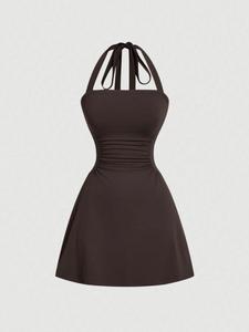 Women's Plain Ruched Tie Backless Halter Dress, Casual A Line Short Elegant Sleeveless Dress for Summer, Dresses for Women, Ladies Clothes for Party Holiday, Womenswear, Halter Neck