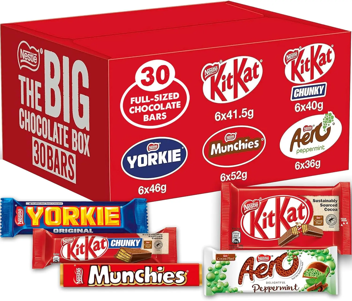 The Big Chocolate Box, 30 x Chocolate Bars – KitKat, KitKat Chunky, Yorkie, Aero, Munchies – Sharing Gift, 1.3kg Snack Bonbon Dessert