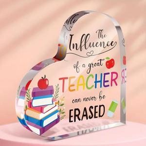 Heart Shaped Acrylic Ornament, Creative Letter & Book Pattern Decoration, Desk Decoration for Home Office Classroom, Perfect Gift for Teacher
