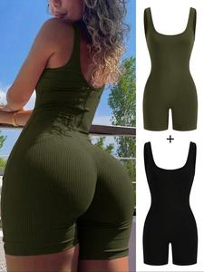 Women's Solid Ribbed Tank Romper, Casual Comfy Sleeveless Skinny Romper for Daily Wear, Ladies Clothes for All Seasons, Gym Clothing
