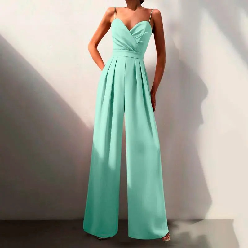 [2025]Elegant Suspenders V Neck Jumpsuit Women Fashion Sleeveless Backless High Waist Jumpsuit Solid Color Party Overalls For Women 2