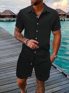 Two-Piece Set Men's Regular Fit Solid Textured Short Sleeve Shirt & Shorts, Casual Summer Set for Men, Mens Clothes for Beach Vacation, Co Ord Sets