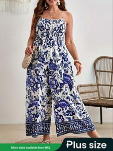 【plus Size】 Floral Print Shirred Cami Jumpsuit, Casual Boho Sleeveless Adjustable Strap Wide Leg Jumpsuit for Beach Holiday Vacation, Women's Clothes for All Seasons, Summer Clothes, Clothes for Women, Elegant Womenswear