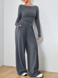 【Plus Size】 Two-Piece Set Solid Ruched Boat Neck Tee & Elastic Waist Wide Leg Pants Set, Casual Long Sleeve Top & Pocket Trousers, Women's Fall & Winter Clothes