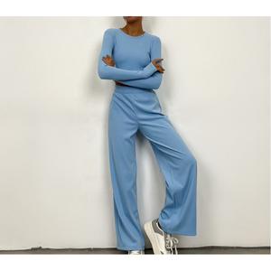 Autumn Women's Fashion Casual Set Solid Color Loose Long Pants Slim Knitted Top Two-Piece Set, Autumn Women's Set Clothes Womenswear spotlight  clothes Suits Gamis 2  pcs travel  fit two  piece  outfit