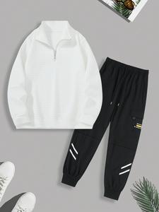 Men's Solid Zip Up Half Placket Sweatshirt & Pants Two-piece Set, Casual Regular Fit Long Sleeve Pullover & Trousers for Fall & Winter, Men's Two-piece Outfits for Daily Wear