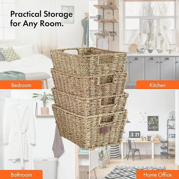VonHaus Seagrass Storage Baskets, Set of 4 Hand-Woven Display Hampers - Bathroom Storage Baskets for Shelves - Nesting Natural Wicker Seagrass Baskets for Storage w/Handles for Bedroom & Home Office 4