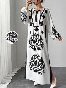 Women's Ethnic Pattern Button Front Split Hem Long Dress, Elegant Long Sleeve Dress for Party Holiday Vacation, Ladies Summer Clothes