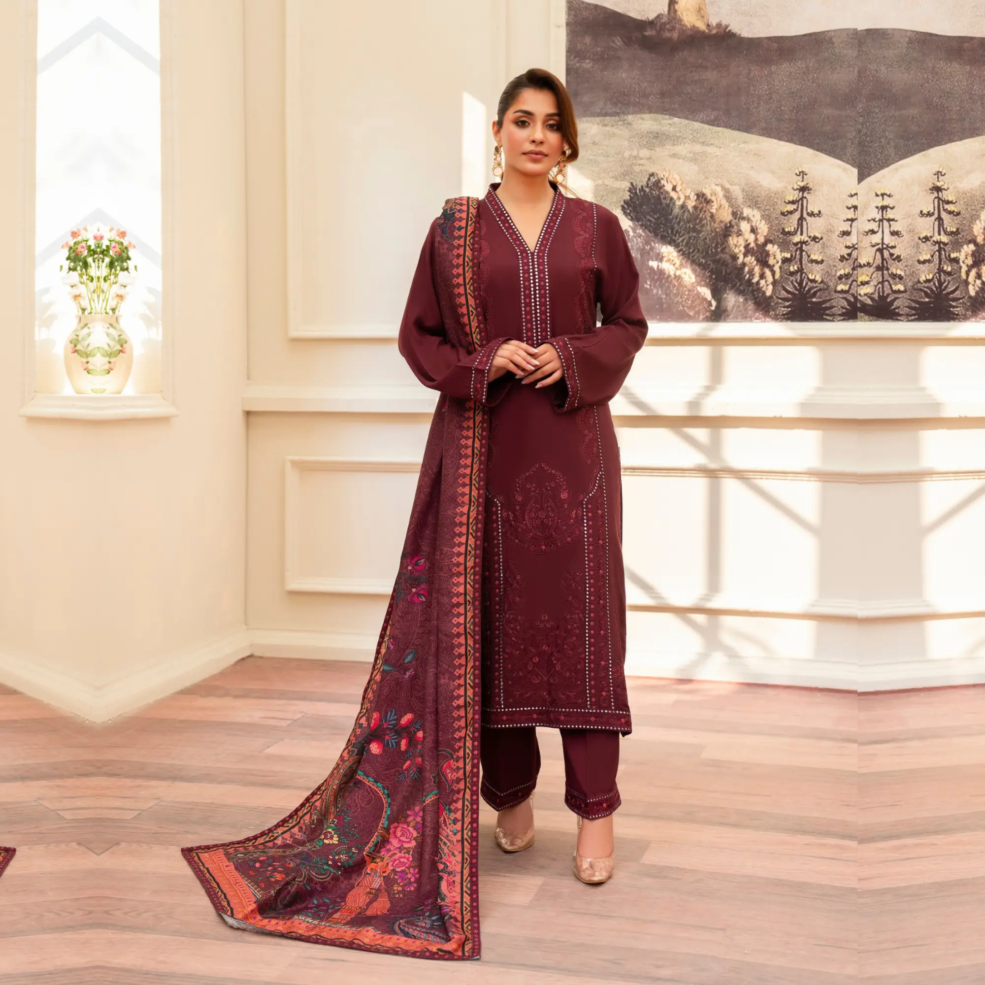 (MAROON) 3Pc Ready to Wear Embroidered Printed Collection | Karma Collection | UMKC0805