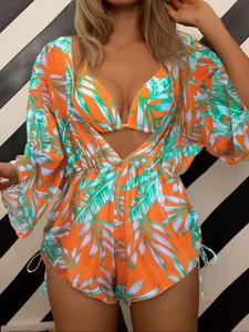 3 Counts Women's Leaf Print Halter Neck Swimsuit Set, Boho Tie Back Triangle Swim Bra & Swim Panty & Drawstring Cover Up Romper Set, Ladies Summer Swimwear for Beach Holiday Vacation