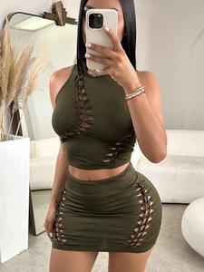 Women's Solid Hollow Out Crop Tank Top & High Waist Bodycon Skirt Set, Casual Chic Fashion Cozy Sleeveless Round Neck Top & Skirt for Daily Outdoor Wear, Women's Clothing for Summer, Womenswear