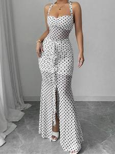 Women's Polka Dot Print Halter Neck Split Hem Dress, Fashion Casual Sleeveless Dress for Party Club Dating Wear, Women Dress for Summer, Womenswear