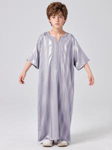 Boys' Striped Print Tunic Robe, Modesty Casual Comfy Short Sleeve Long Robe for Summer, Kids Clothes for Daily Wear, Kids Clothing