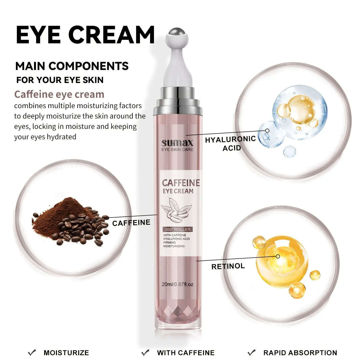 Eye Revitalizer, Moisturizing And Firming, Enriched with Hyaluronic Acid And Retinol, Extracts, Suitable for All Skin Types, Features a 360-Degree Rotating Massage for The Eyes, Mother's Day Gift.