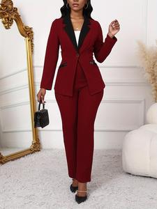 Two-piece Set Women's Colorblock Lapel Neck Pocket Button Blazer & Pants Suits, Elegant Fashion Two Piece Outfits for Work Office Business, Ladies Clothes for All Seasons