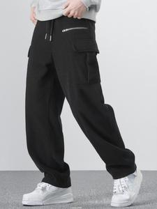 Men's Solid Drawstring Waist Corduroy Cargo Pants, Loose Casual Pocket Zipper Design Trousers for Spring & Fall, Fashion Men's Bottoms for Daily Wear