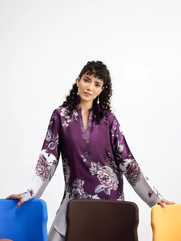 PURPLE SAPPHIRE AP-114 Digital Printed  shirt and straight pants on Crease Silk fabric 2
