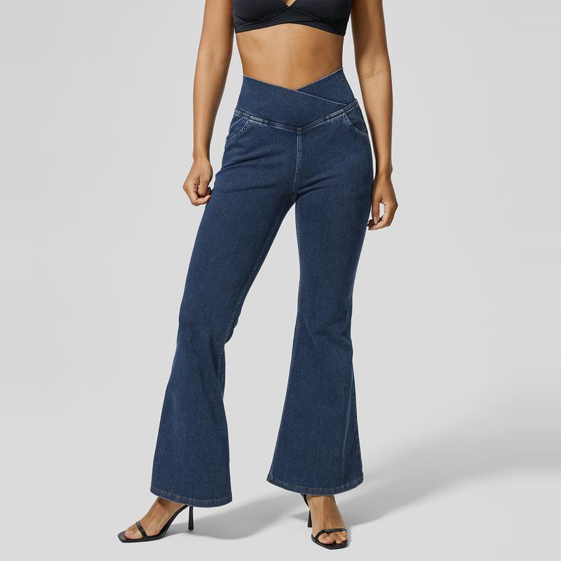 Halara Women's Flex High Waisted Crossover Super Flare Knit Jeans with Pockets - Stretchy Casual Fit, Minimalist Streetwear Style #DealDrops  #Summer #TravelTok 1