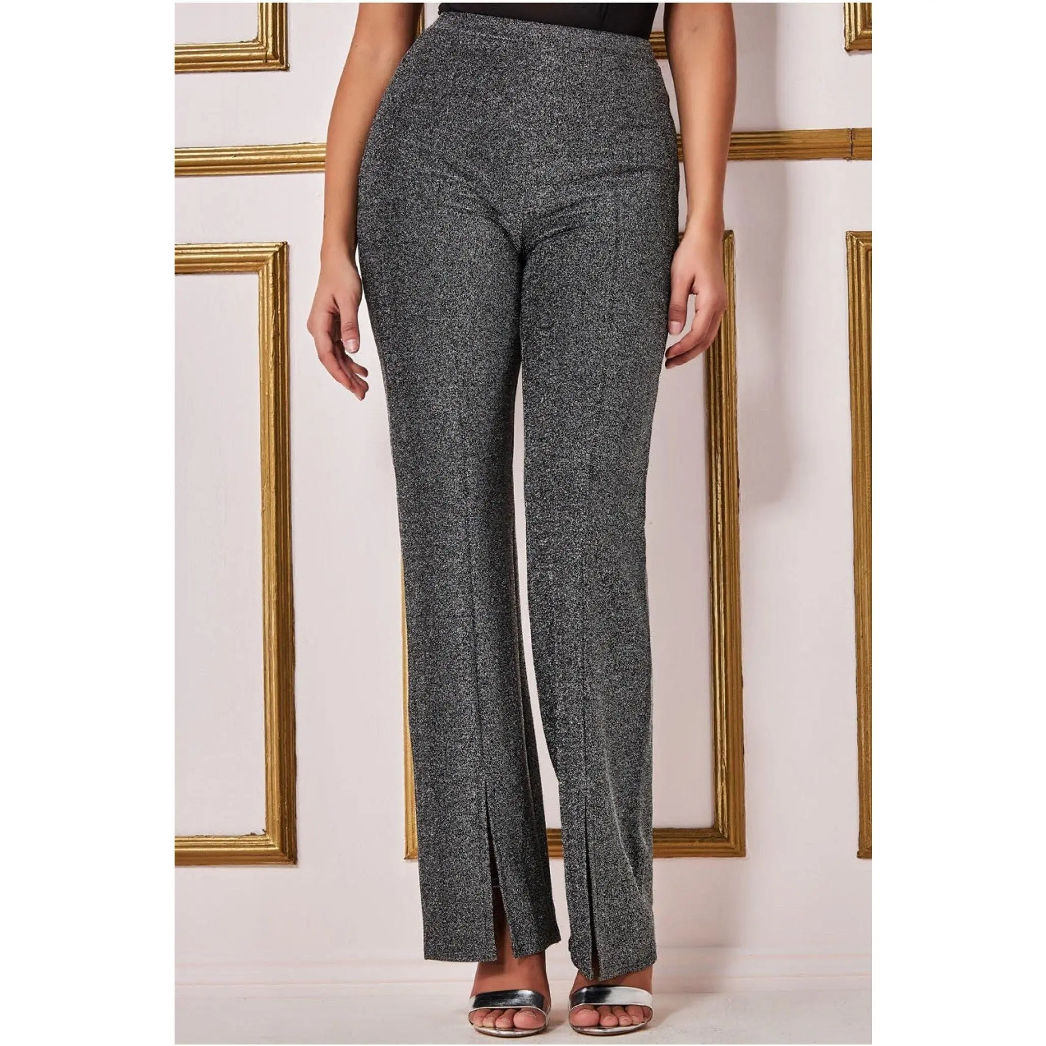 Goddiva Wide Leg Lurex Trouser - Silver