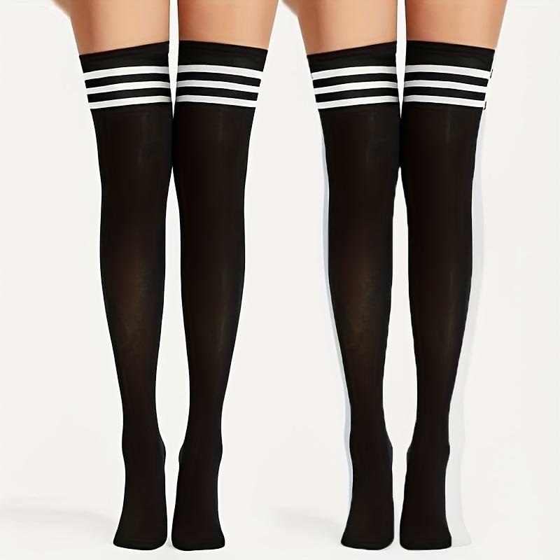 [Pair of Classic Knee-High Socks] A Pair of Classic Black And White Knee-High Socks with Three Stripes, Stylish And Versatile. 4
