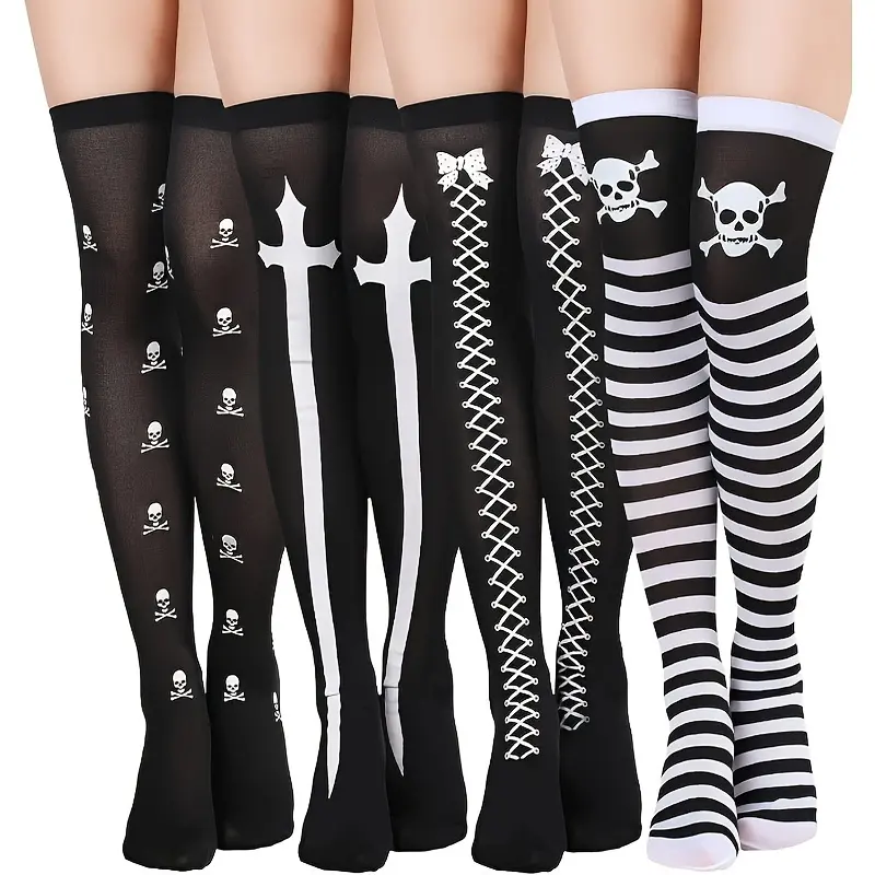 4 Pairs Skull & Striped Print Thigh High Stockings, Halloween Cosplay Festival Over The Knee Socks, Women's Stockings & Hosiery
