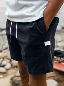 Men's Letter Patched Drawstring Waist Corduroy Shorts,   Casual Comfy Shorts for Fall & Winter, Men's Bottoms for Daily Wear