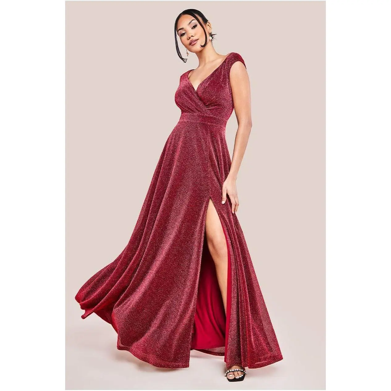 Crossover Lurex Glitter Maxi Dress - Wine by Goddiva