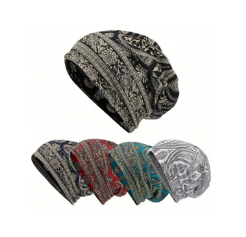 2pcs Classic Paisley Print Loose Visorless Beanie Hats, Boho Stretchy Visorless Beanies, Unisex Vintage Neck Gaiter, Soft Visorless Caps, Chemo Hats For Men And Women, Random Print Position Caps Winter Fall 0