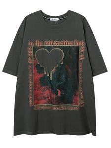 Men's Heart & Letter Print Round Neck Tee, Loose Casual Fashion Short Sleeve T-shirt for Summer, Men's Top for Daily Wear