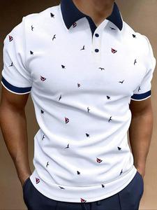 Men's All Over Print Contrast Binding Half Placket Polo Shirt, Regular Fit Casual Short Sleeve Button Front Top for Summer, Menswear for Daily Wear